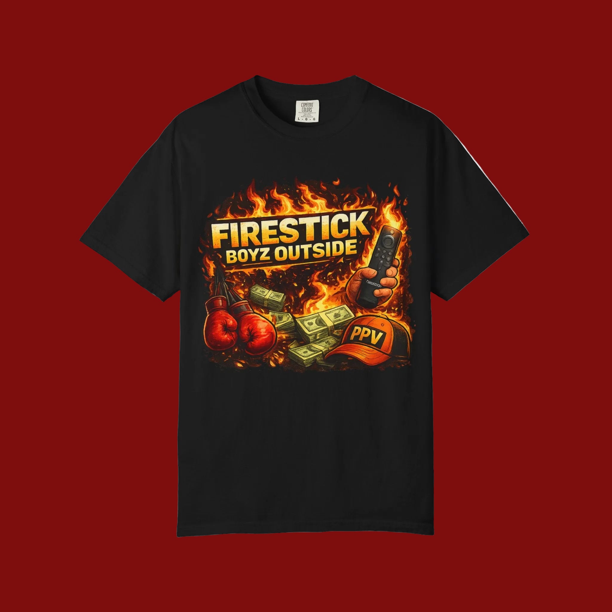 Black t-shirt with fiery graphic design featuring text and boxing-related imagery on a white background.