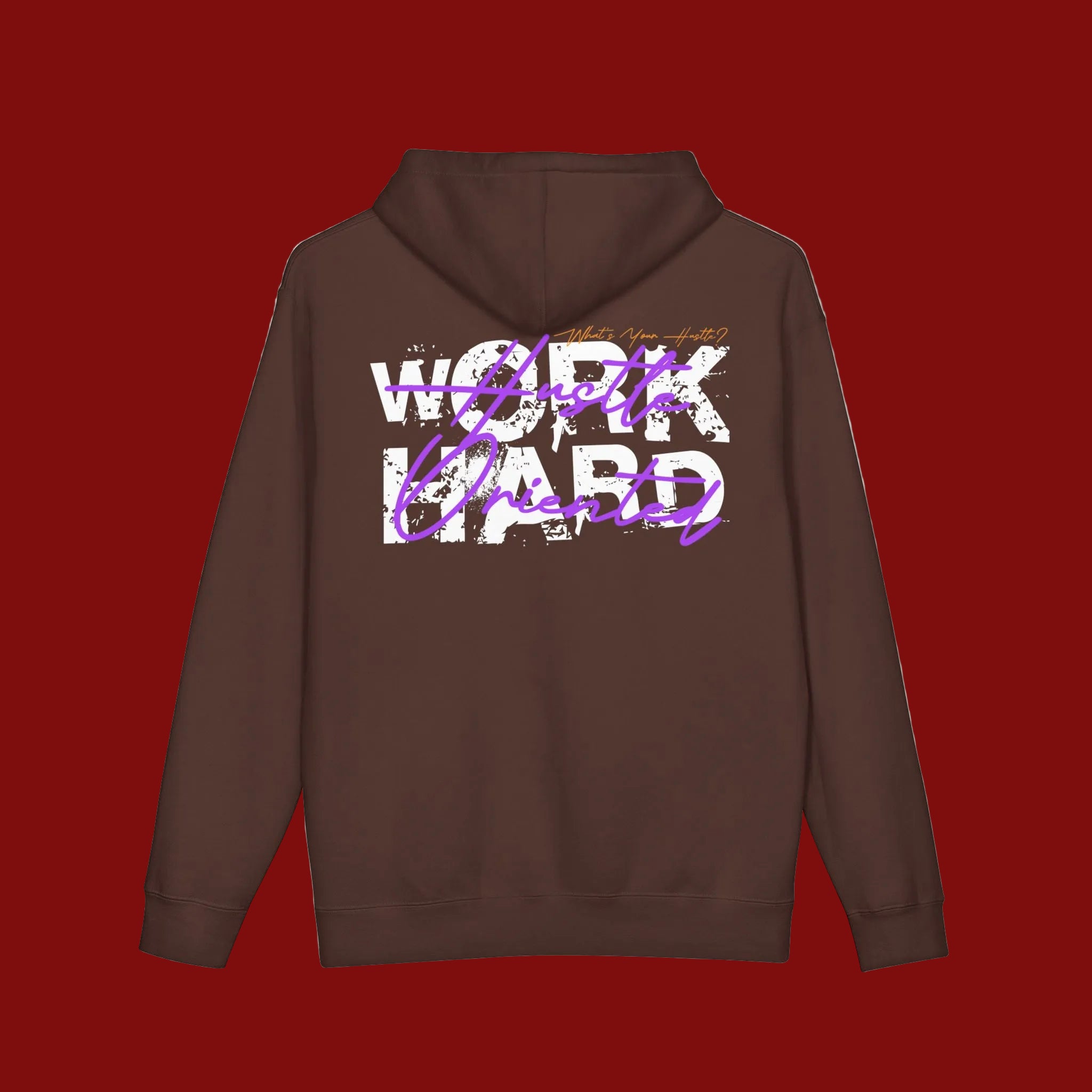 A brown pullover hoodie shown from the back, featuring a large graphic print with the words 'WORK HARD' in distressed white letters and a purple script overlay reading 'Grunt Style'.