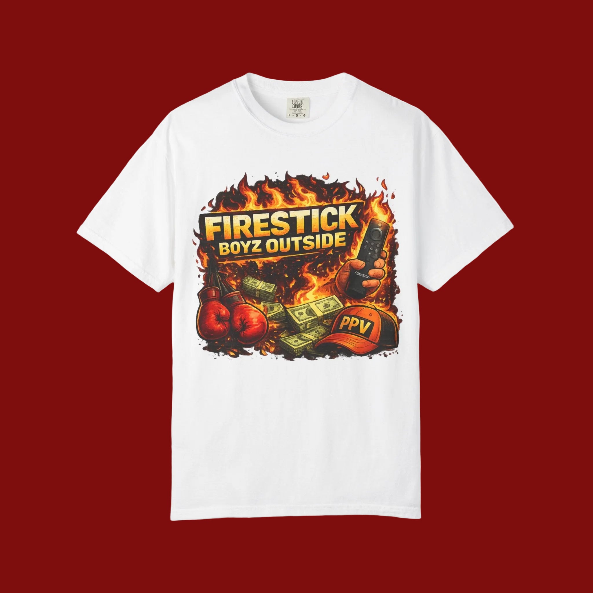 White t-shirt with a graphic design featuring flames, money, and text on a white background