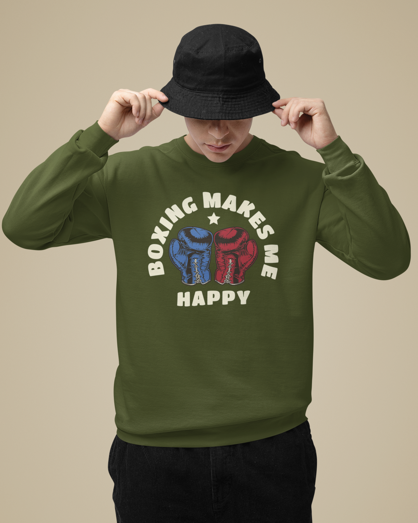 Boxing Makes Me Happy Crewneck Sweater | Gloves, Combat Sports, MMA | (WHAT'S YOUR HUSTLE?®)