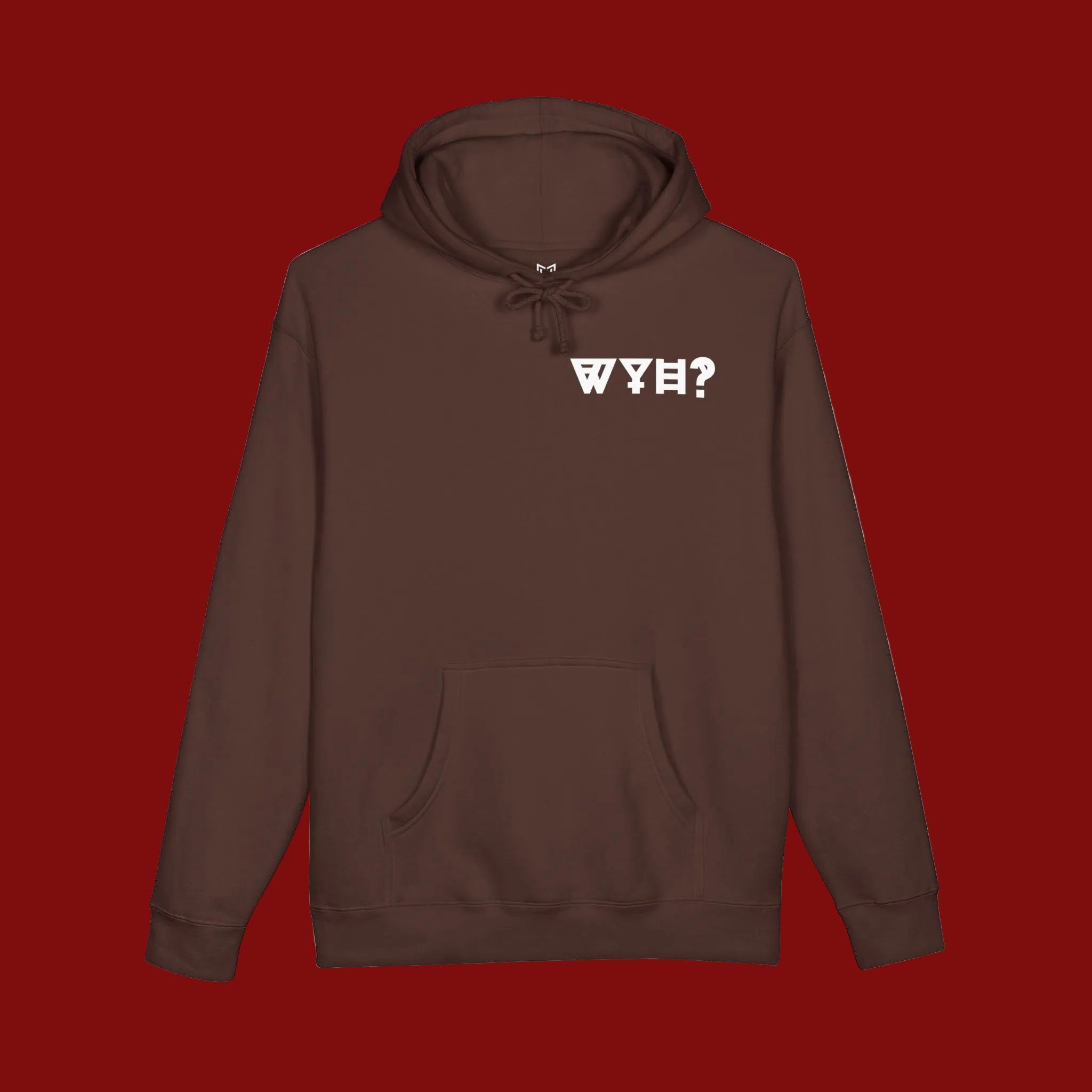 Brown hoodie with a white logo on a white background