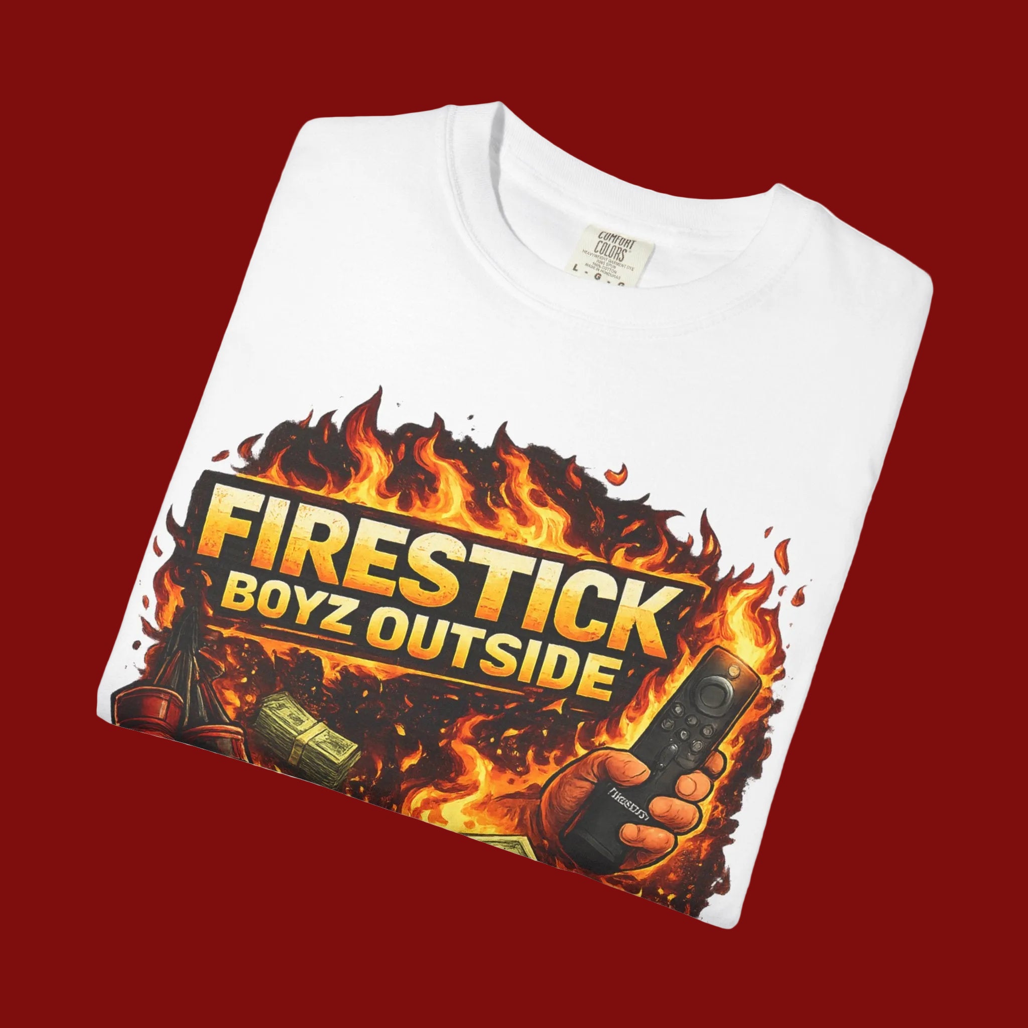 White t-shirt with 'Firestick Boyz Outside' graphic design on a white background