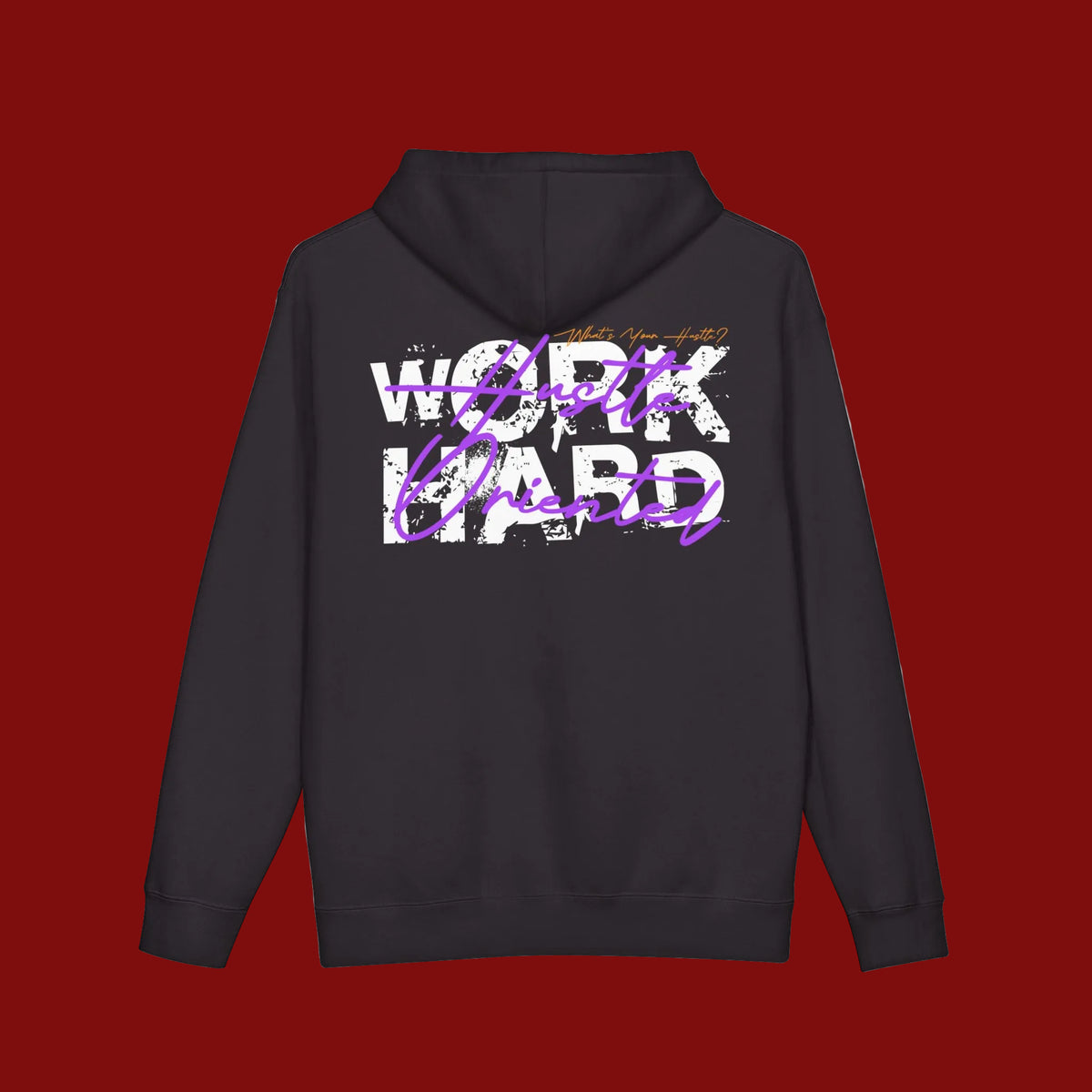 A black pullover hoodie shown from the back, featuring a large graphic print with the words 'WORK HARD' in distressed white letters and 'GET Rich Crazy' in purple script across the center.