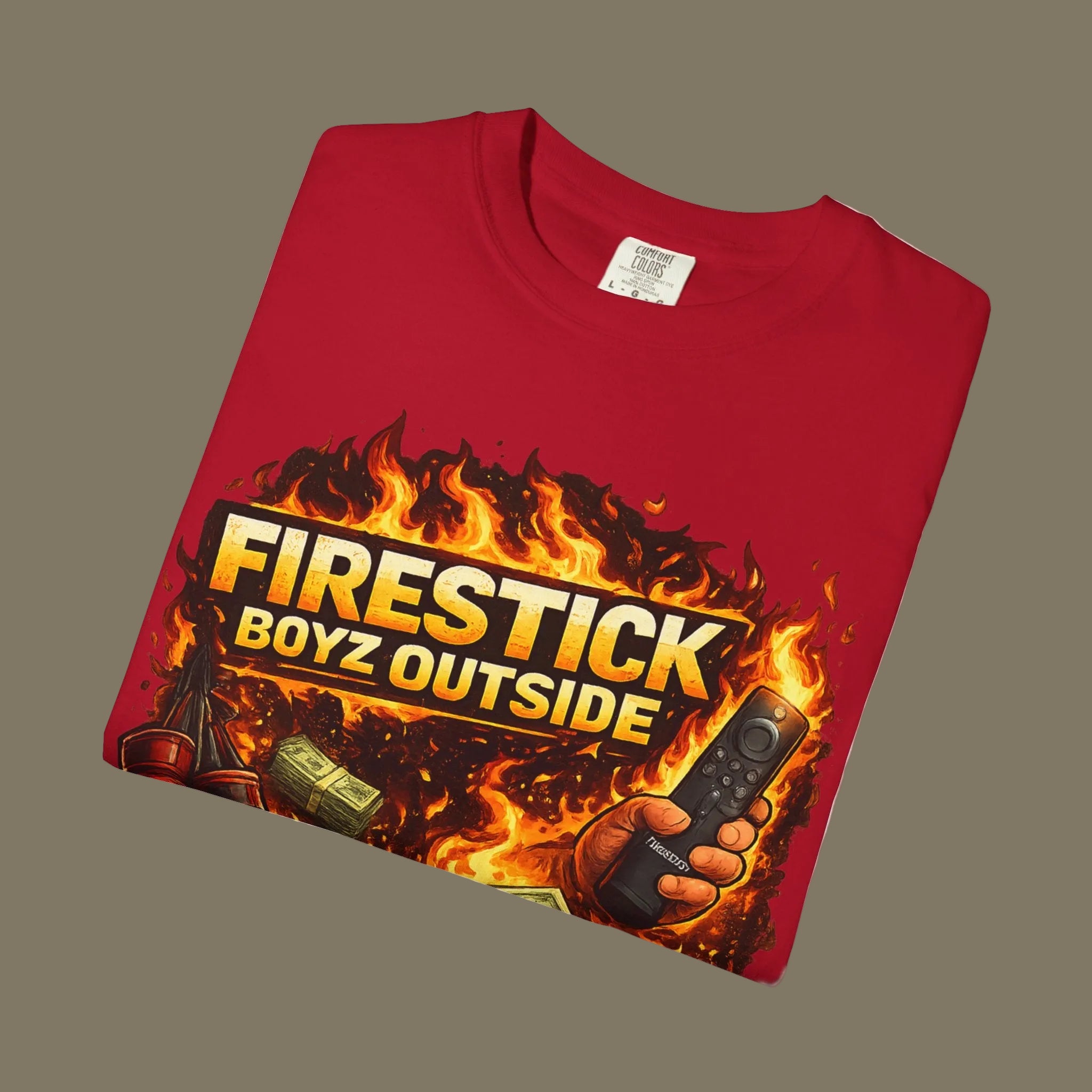Red t-shirt with 'Firestick Boyz Outside' graphic design on a white background