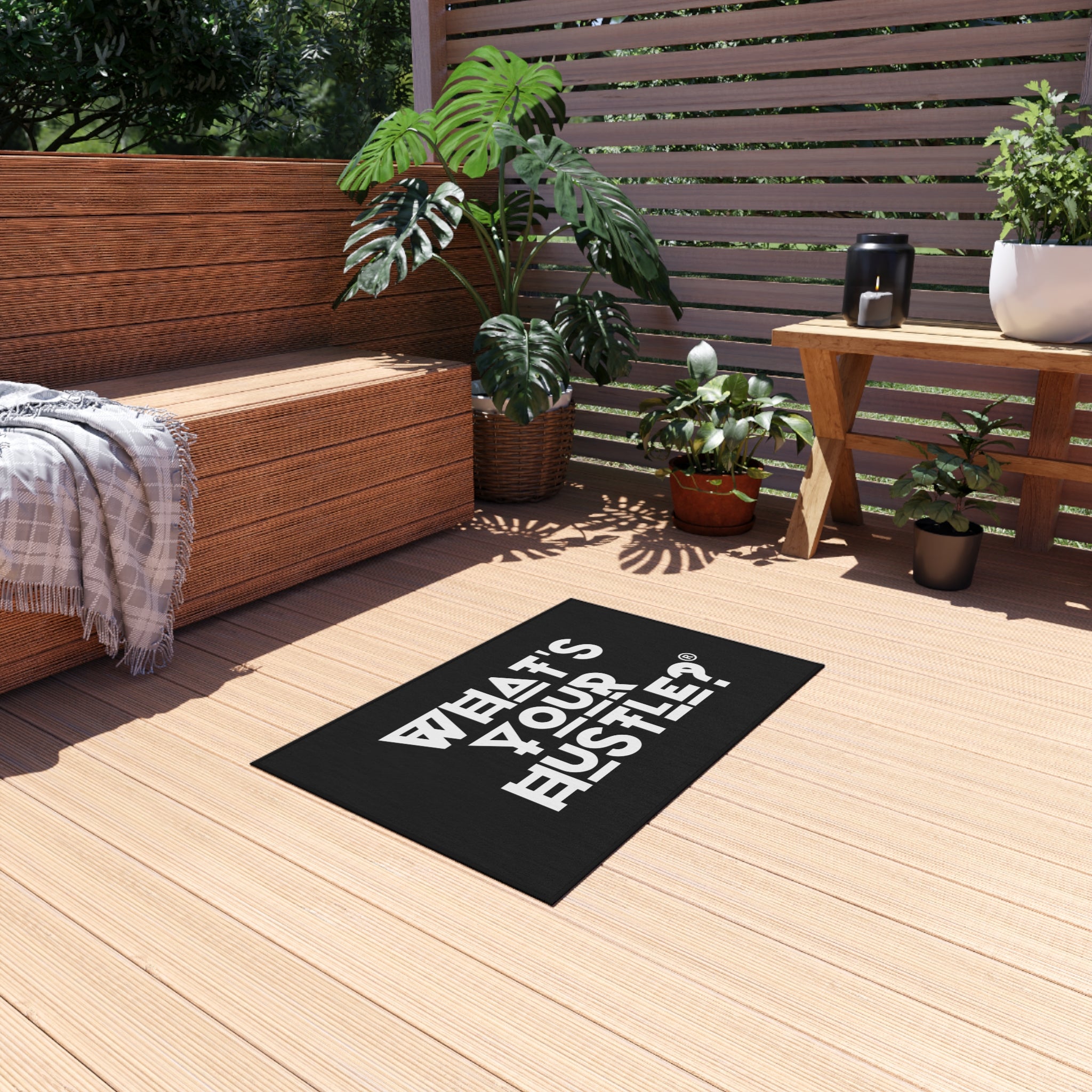 WHAT'S YOUR HUSTLE? Outdoor Non-Slip Door Mat 24" × 36" | Motivation For Your Home or Business