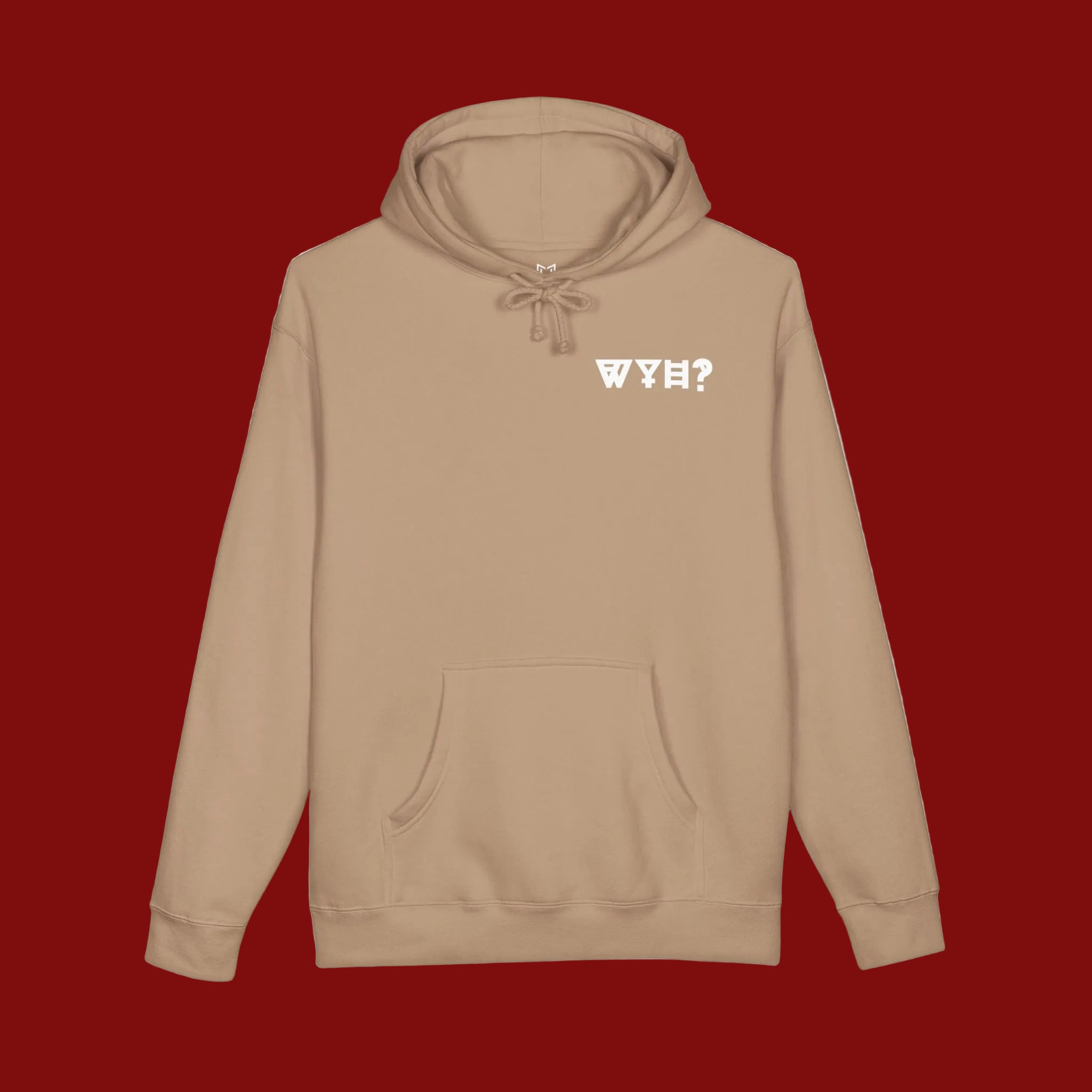 A tan pullover hoodie with a white mirrored graphic text print on the left chest, displayed against a solid white background.