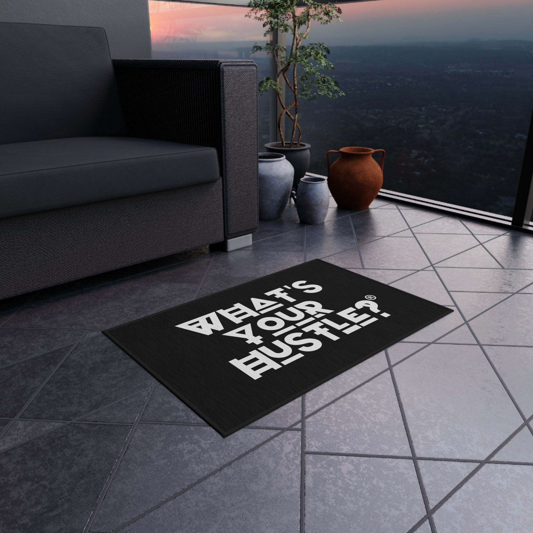 WHAT'S YOUR HUSTLE? Outdoor Non-Slip Door Mat 24" × 36" | Motivation For Your Home or Business