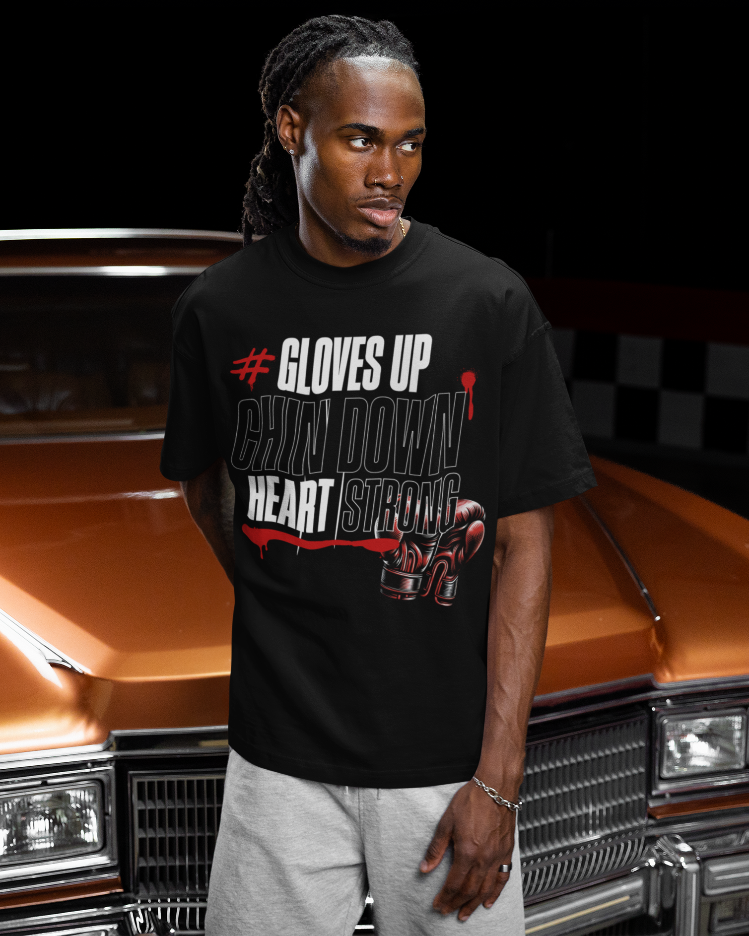GLOVES UP, CHIN DOWN, HEART STRONG BOXING T-SHIRT | WHAT'S YOUR HUSTLE?®