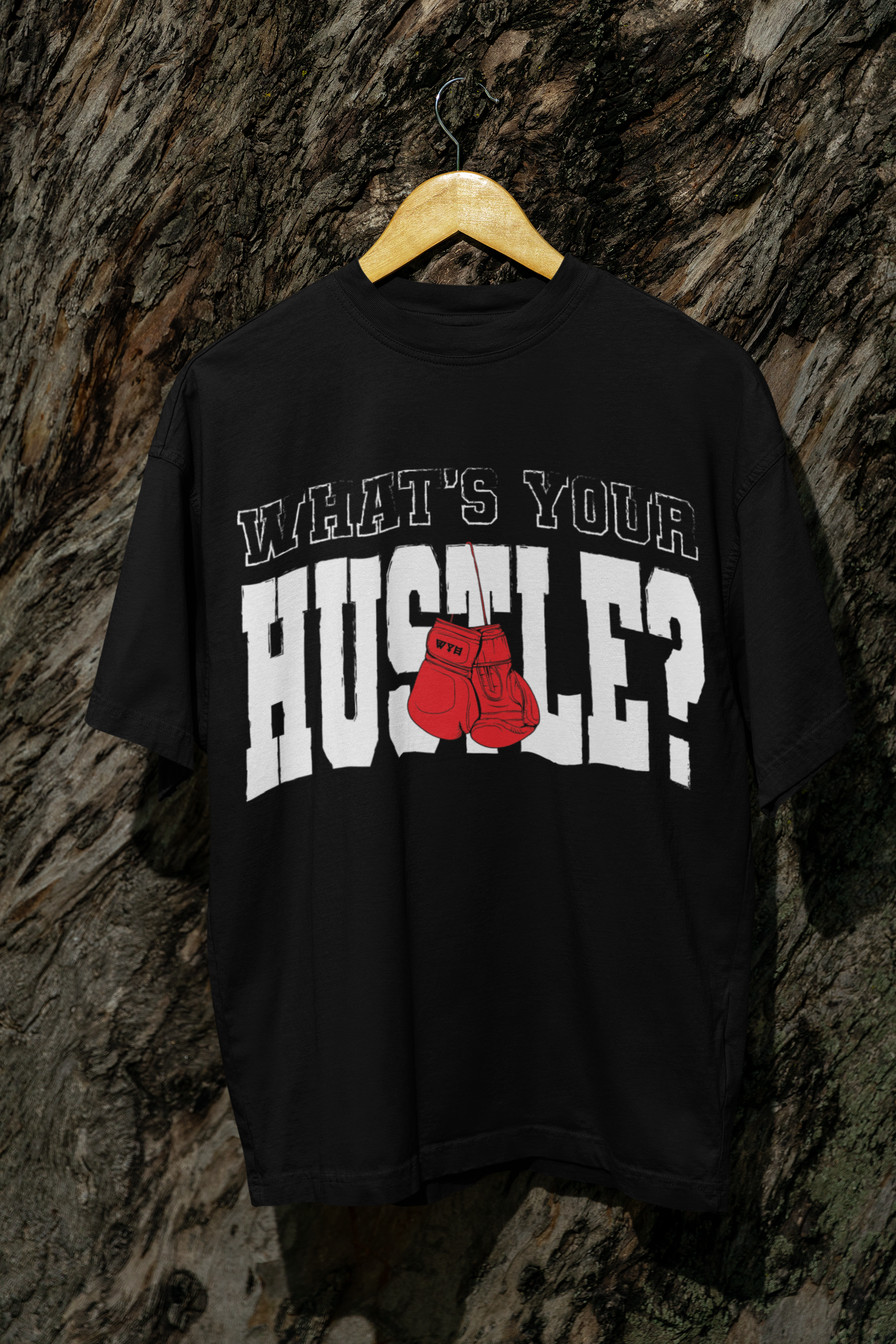 WHAT'S YOUR HUSTLE?® BOLD LOGO BOXING GLOVES T-SHIRT | BOXY FIT