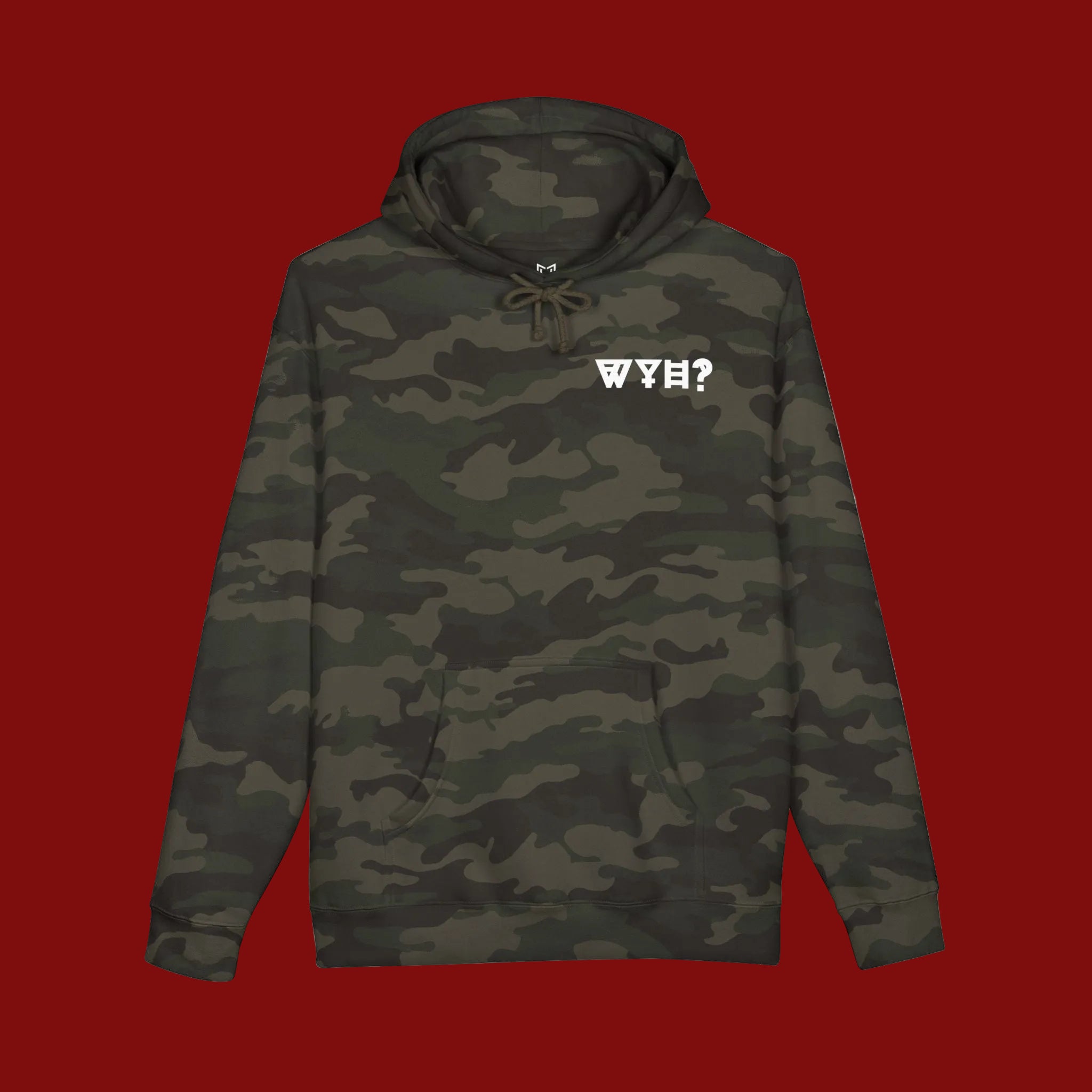 A dark green and black camouflage pullover hoodie with a white graphic text print reading 'WH?' on the left chest, displayed against a solid white background.