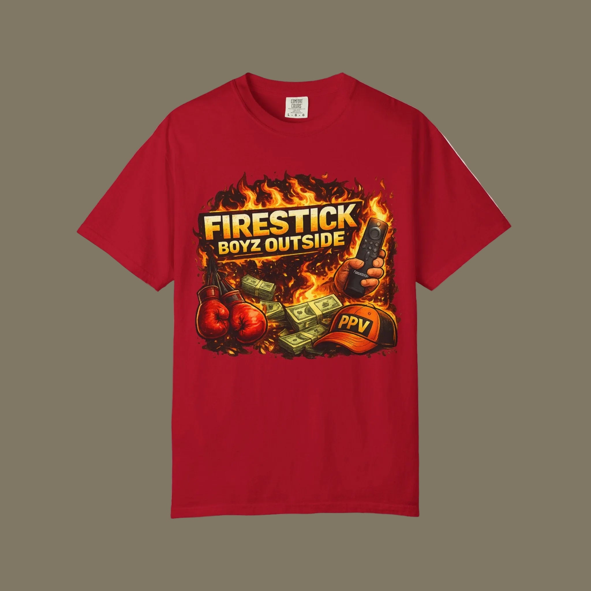 Red t-shirt with 'Firestick Boyz Outside' graphic design on a white background