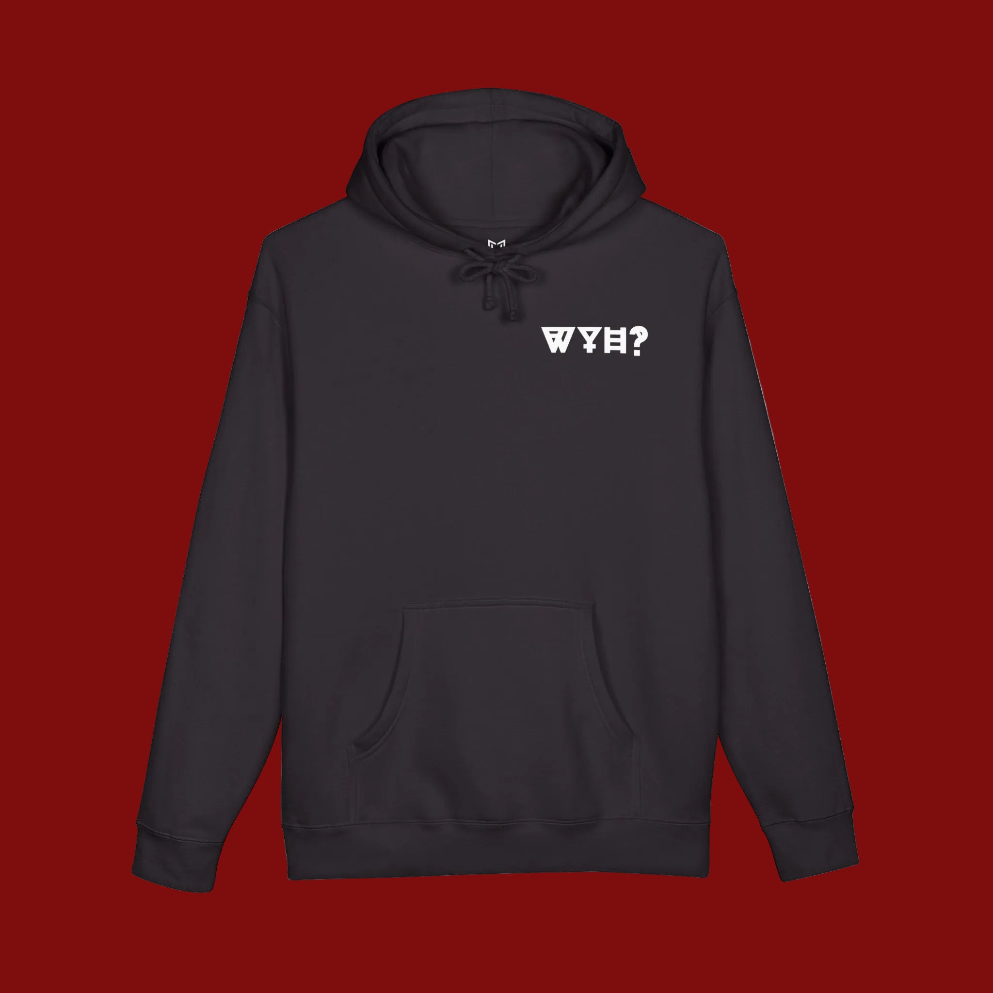 Black hoodie with a logo on the chest against a white background