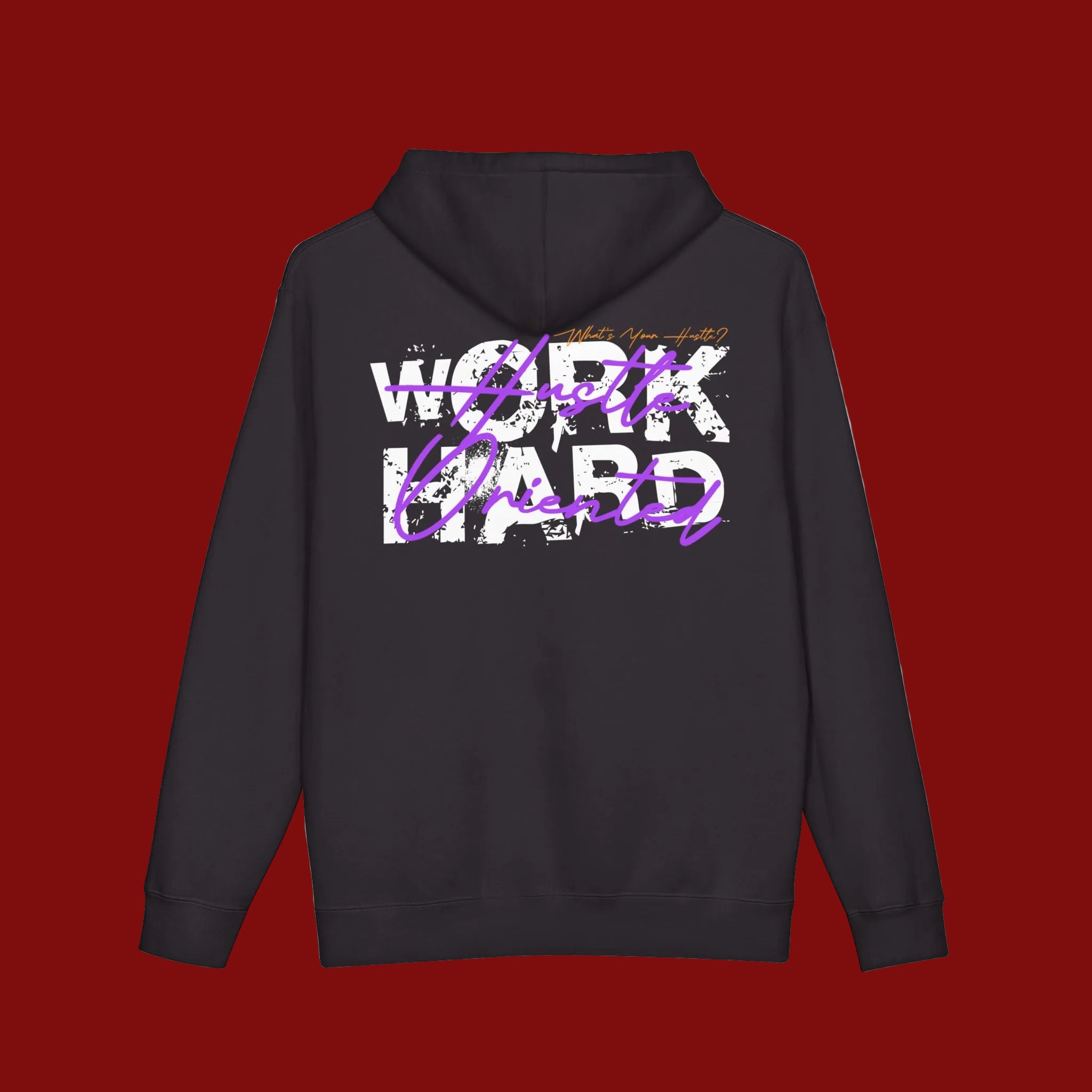 A black pullover hoodie shown from the back, featuring a large graphic print with the words 'WORK HARD' in distressed white letters and 'GET Rich Crazy' in purple script across the center.