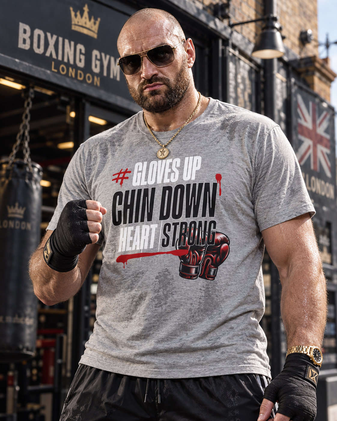GLOVES UP, CHIN DOWN, HEART STRONG BOXING T-SHIRT | WHAT'S YOUR HUSTLE?® | Heavyweight Cotton